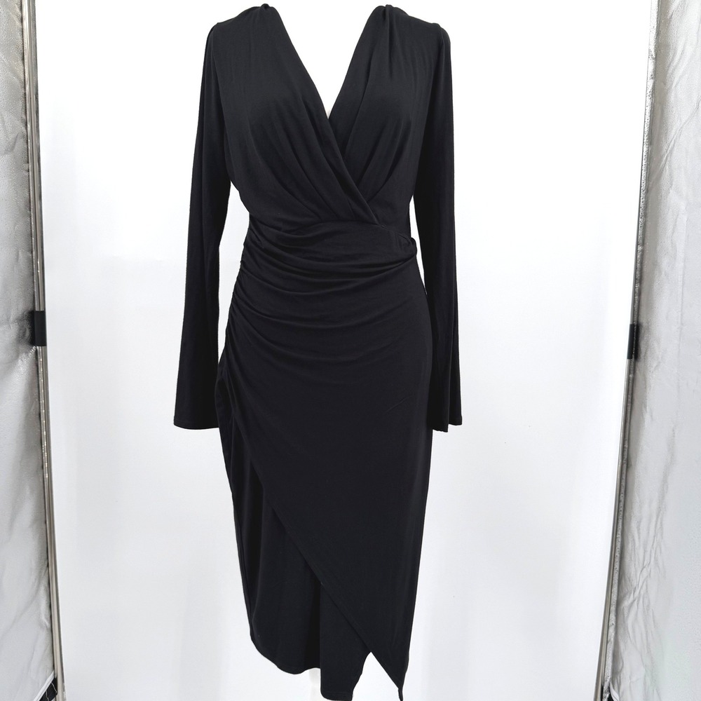 Nine Britton Martina Knit Black Long Sleeve Ruched Faux Wrap Midi Dress